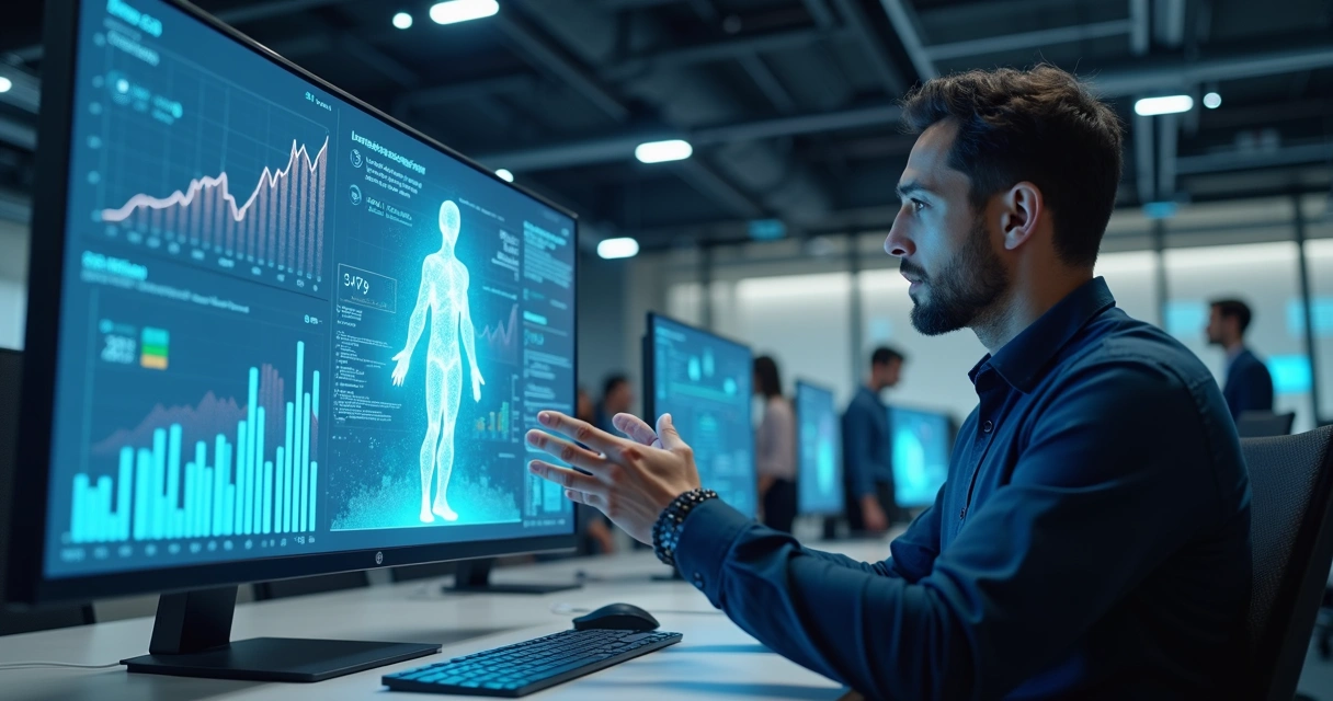 Pessoa sentada em escritório moderno interagindo com agente inteligente de IA em tela holográfica 