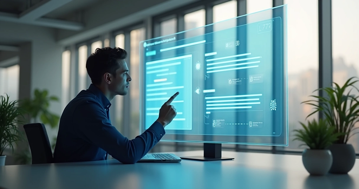 Pessoa e assistente digital interagindo em computador com comunicação clara e eficiente