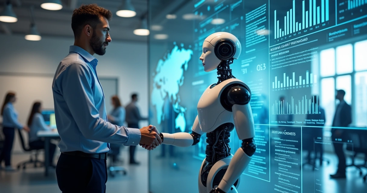 Pessoa e robô apertando as mãos em frente a um quadro digital 