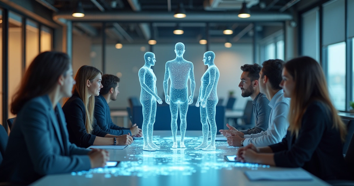 Colaboradores humanos e agentes digitais IA trabalhando juntos 