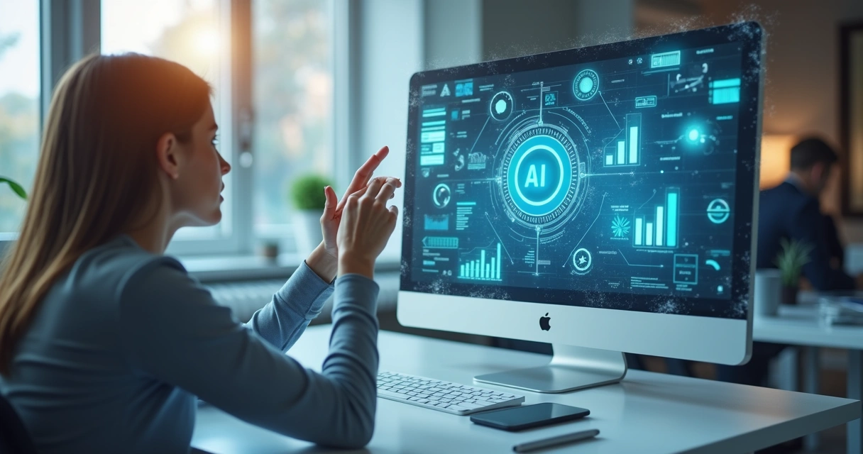 Profissional colaborando com assistente virtual de IA 