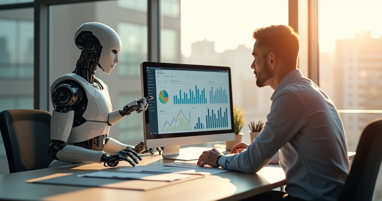 Contador e robô digital colaborando em escritório contábil 