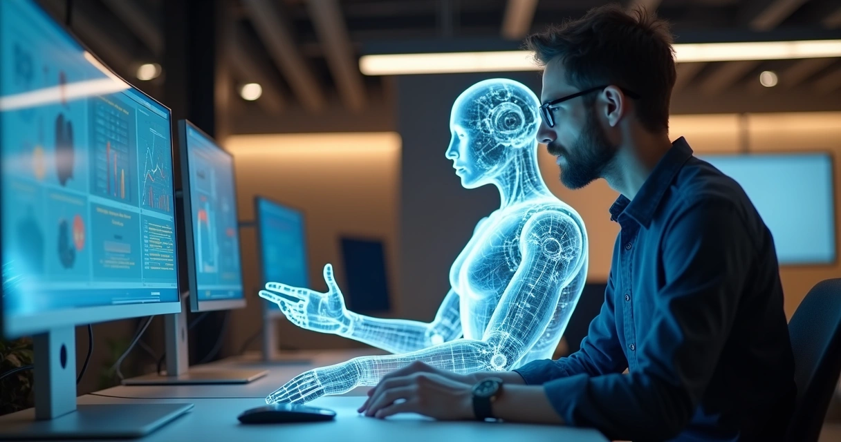 Pessoa e IA trabalhando lado a lado em um escritório moderno 