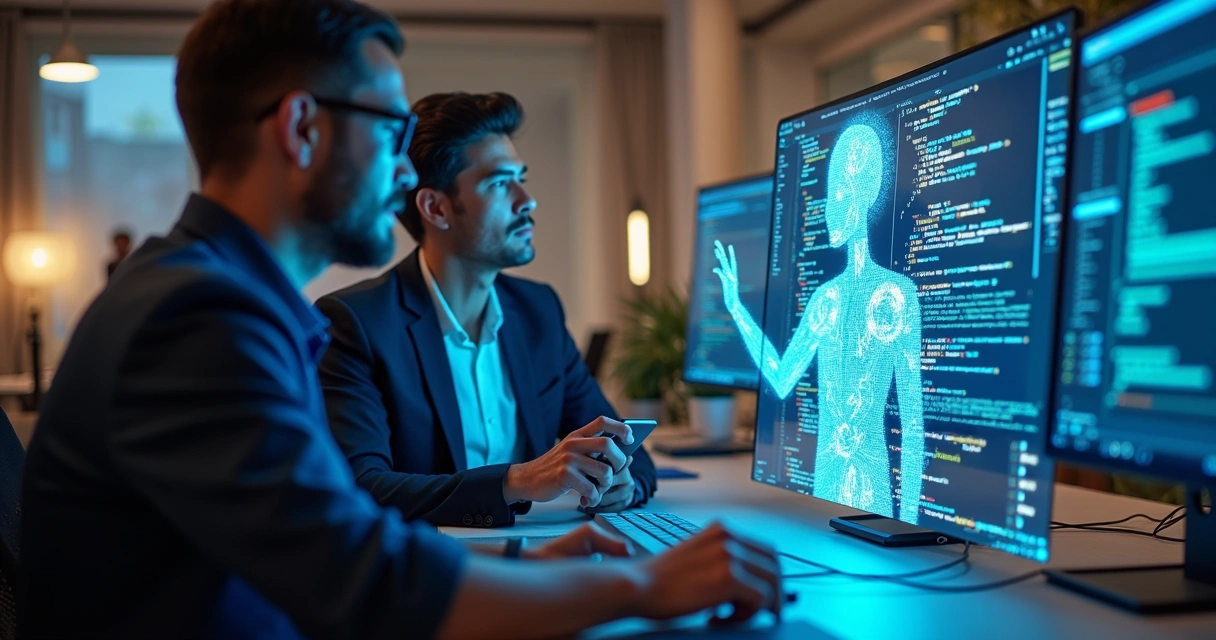 Desenvolvedores e interface de IA trabalhando juntos