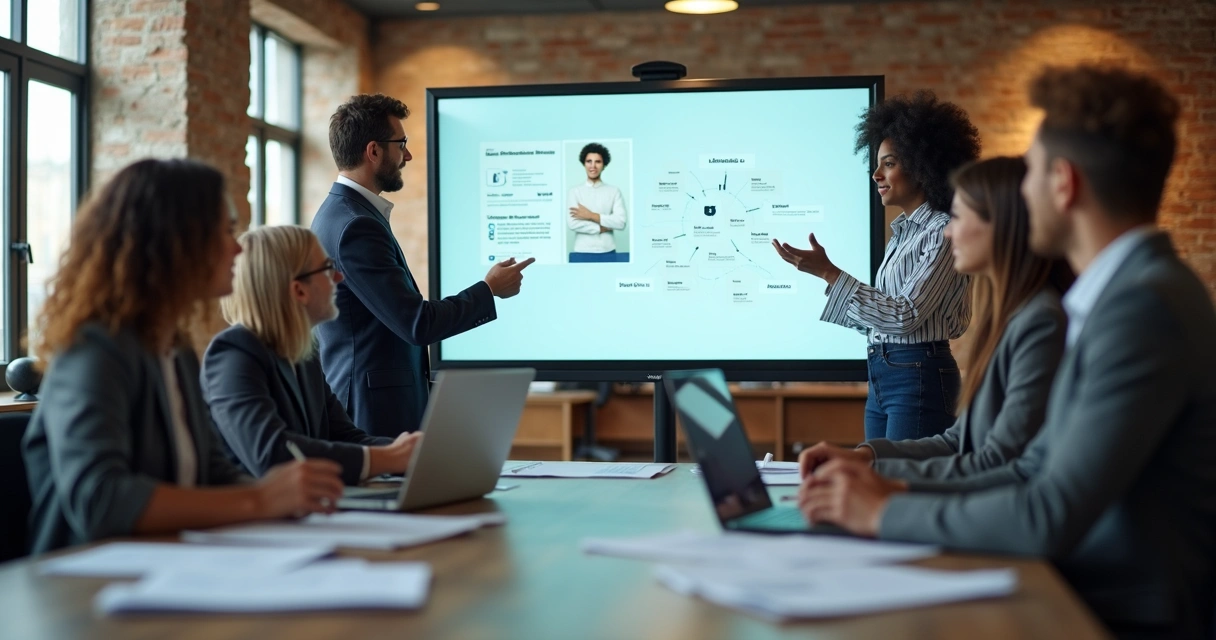 Equipe de trabalho colaborando com assistente de IA em telão 