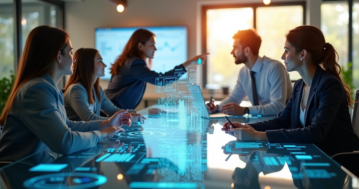 Equipe de trabalho colaborando com inteligência artificial em ambiente de escritório moderno 