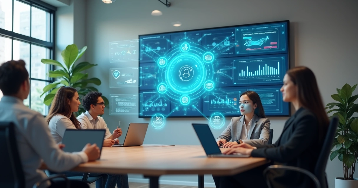 Profissional em escritório colaborando com assistente de inteligência artificial em tela holográfica 