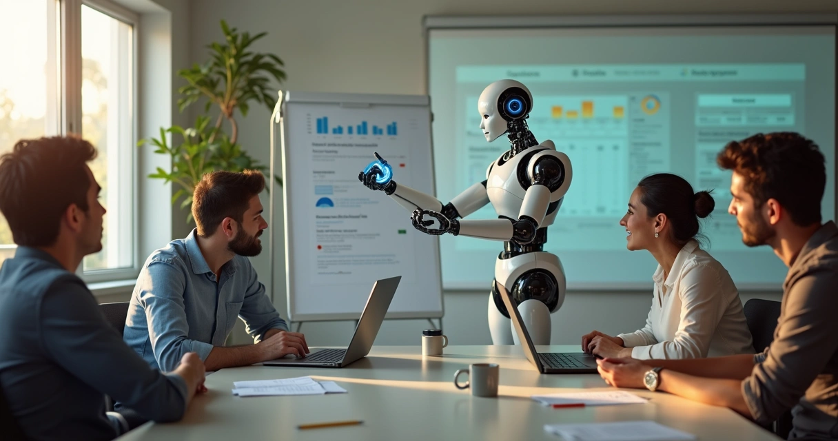 Pessoa treinando IA em uma mesa de reunião, lousa ao fundo com estratégias desenhadas 