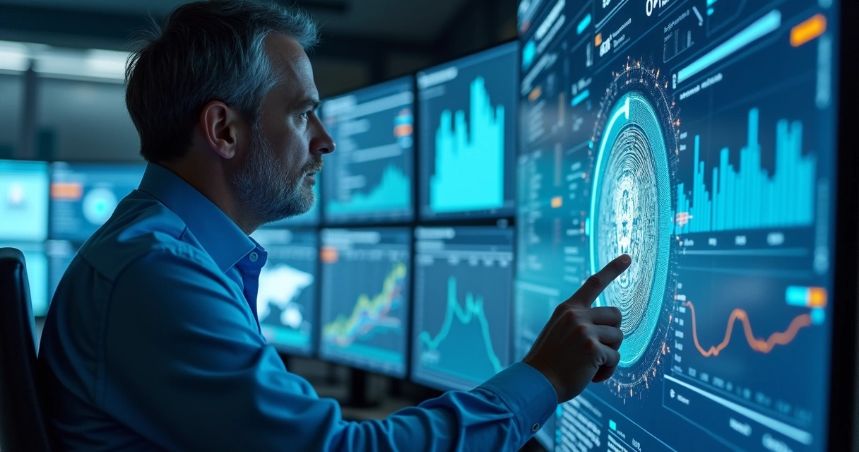 Especialista de TI e Inteligência Artificial revisando painel de controle 