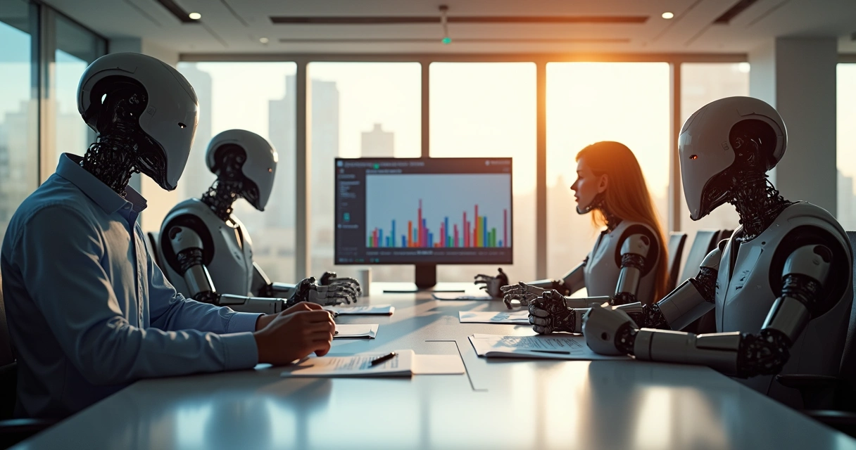 Profissionais de escritório e robôs interagindo em uma sala de reuniões 