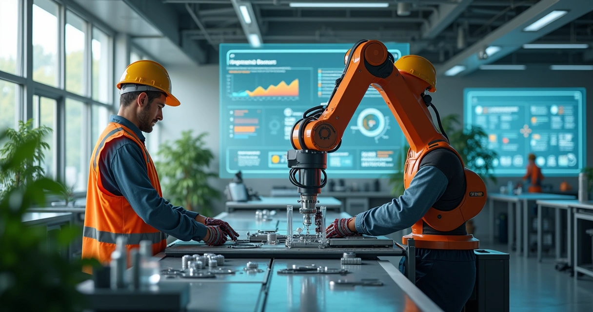 Colaboração entre humanos e robôs em fábrica moderna 