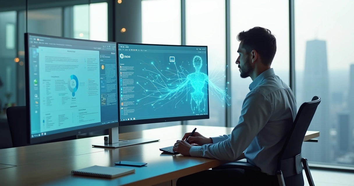 Profissional colaborando com agente de IA em ambiente de trabalho moderno 