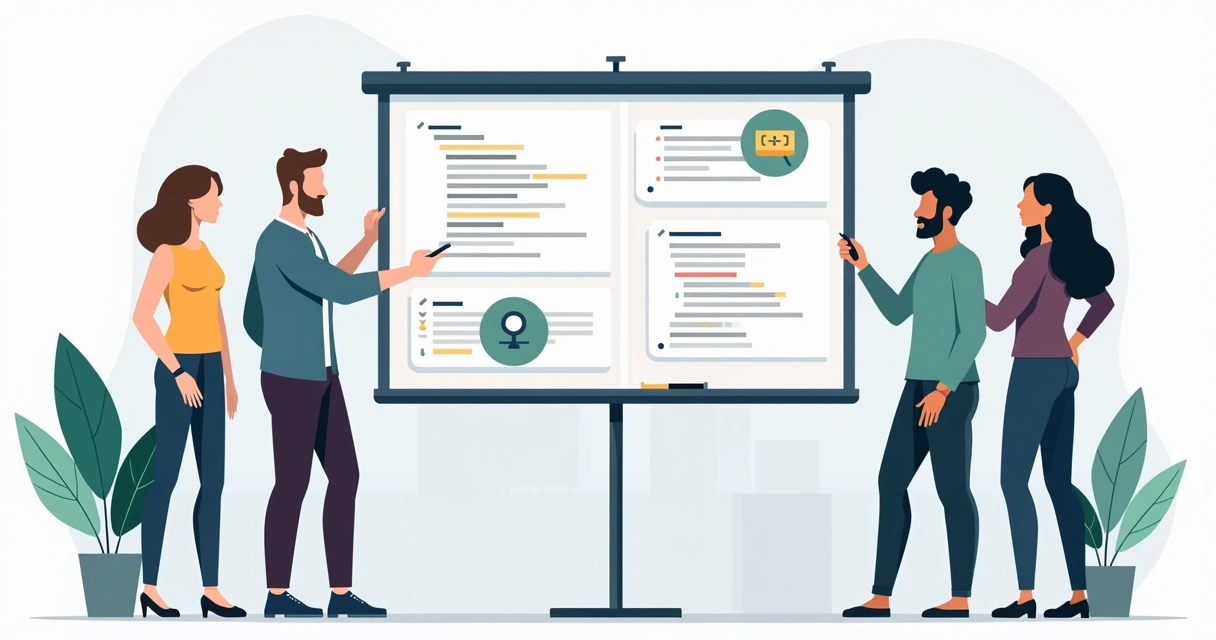 Equipe de desenvolvedores e interface de IA juntos na frente de um quadro digital, com códigos e sugestões de correções.