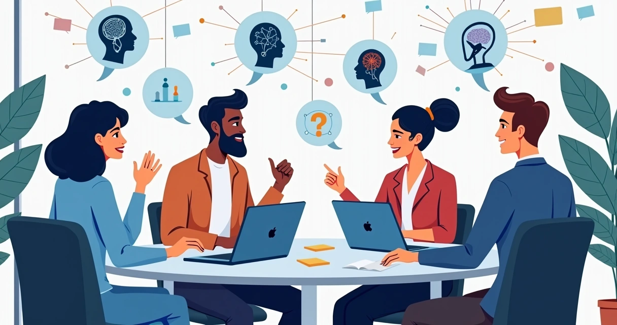 Colaboradores trocam ideias diante de ícones de IA