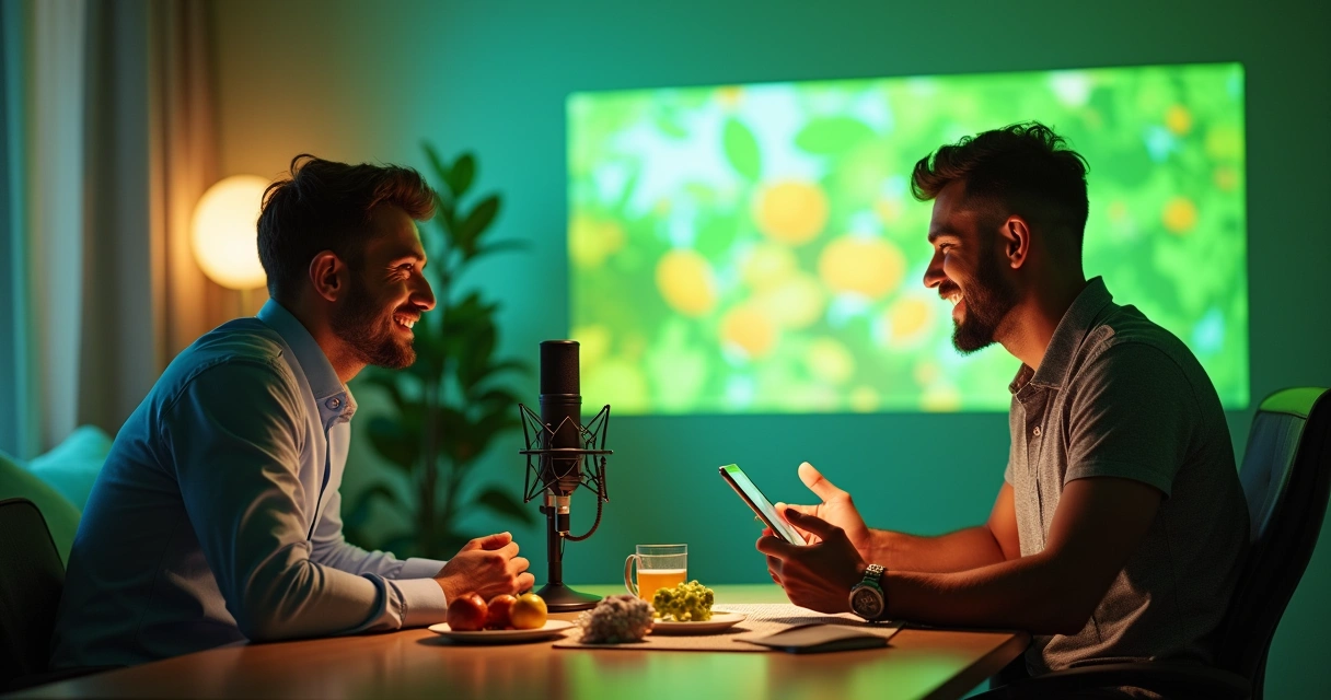 Influenciador e nutricionista colaborando em estúdio, interagindo com público e mostrando gráficos de dietas.