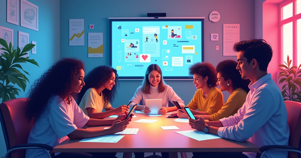 Grupo diverso de influenciadores colaborando em um ambiente de trabalho moderno, com smartphones e laptops.