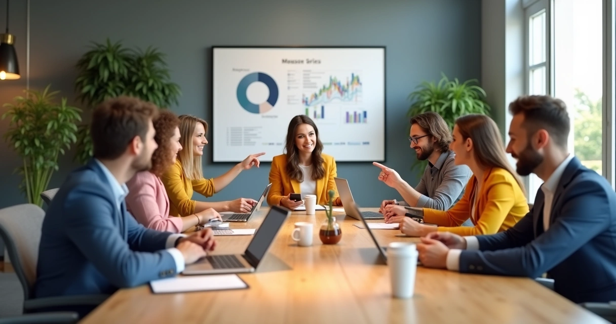 Influenciadores digitais na estratégia de parceiros Influenciadores e gestores reunidos em uma mesa de reunião conduzindo plano de campanha colaborativa