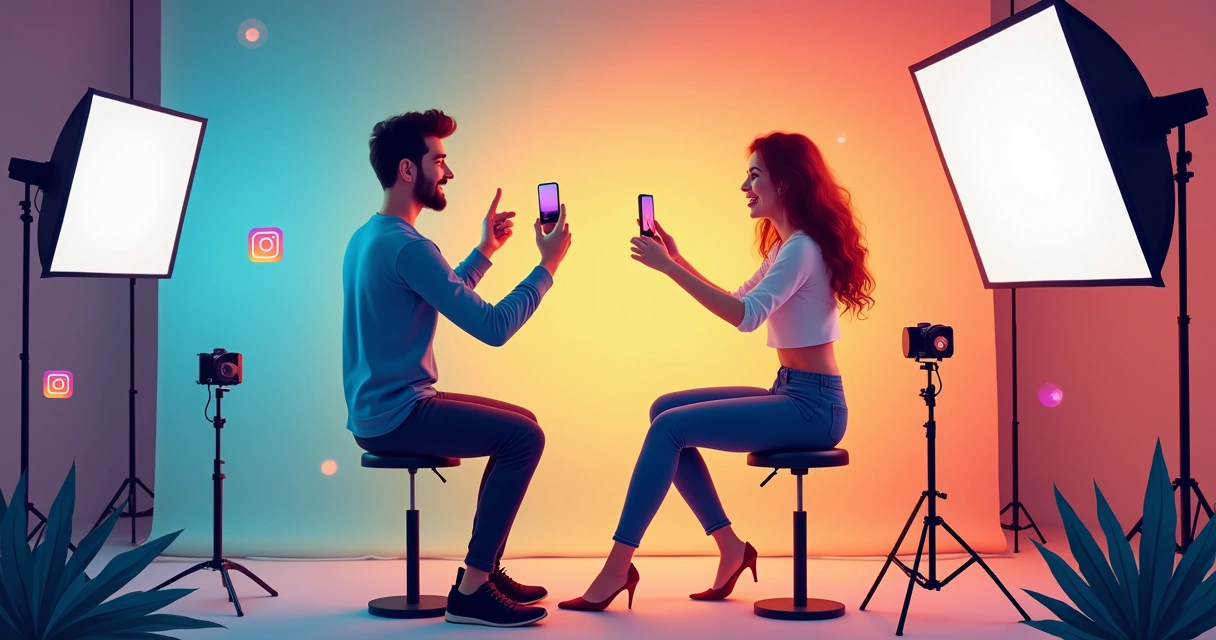 Dois influenciadores gravando juntos em um estúdio