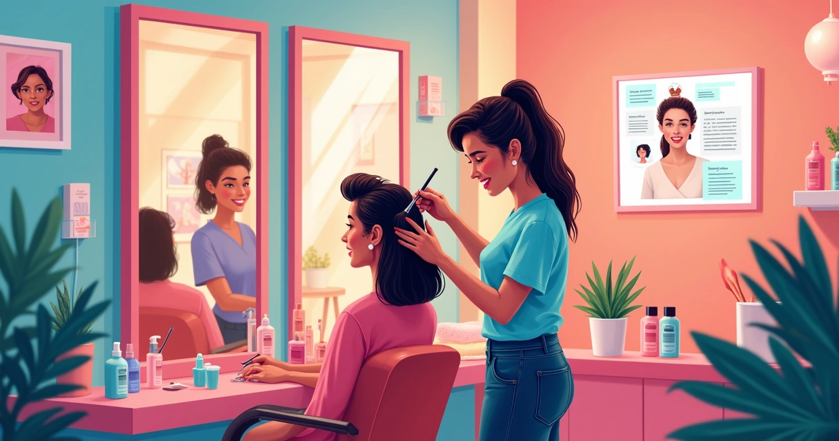 Influencer in a beauty salon getting a hair treatment with vibrant colors and a welcoming atmosphere.
