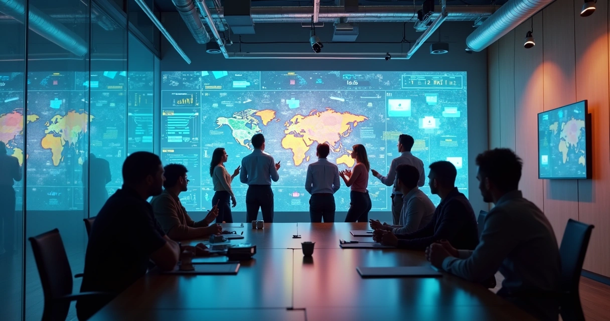 Equipe empresarial colaborando em análise de dados em sala de reunião moderna 