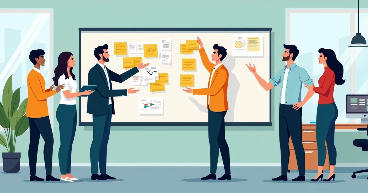 Profissionais de áreas diferentes discutindo ideias em frente a quadro branco 