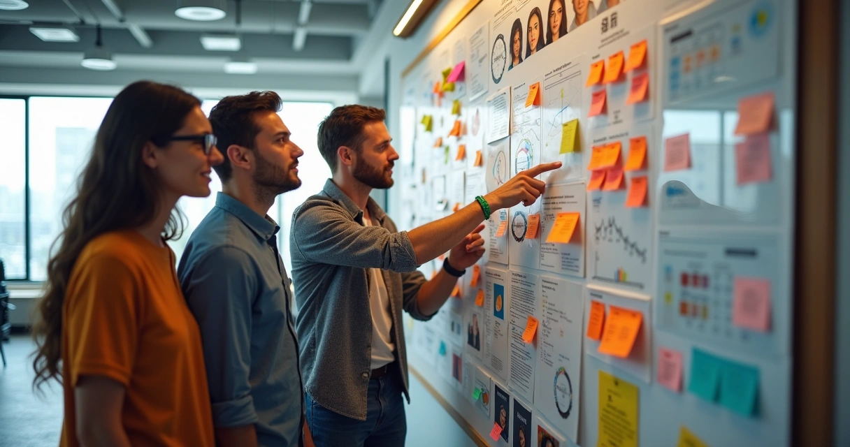 Pessoas de diferentes áreas reunidas, apontando para mural de ideias com post-its coloridos 