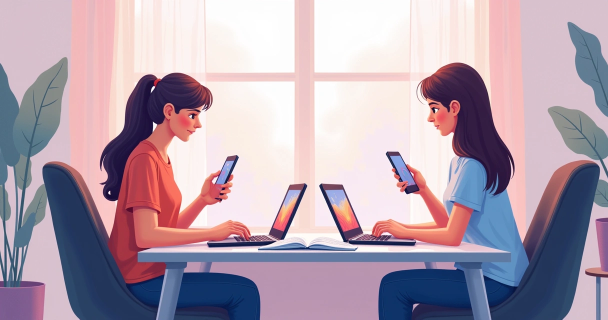 Duas pessoas criando conteúdo juntas em um ambiente de trabalho colaborativo. 