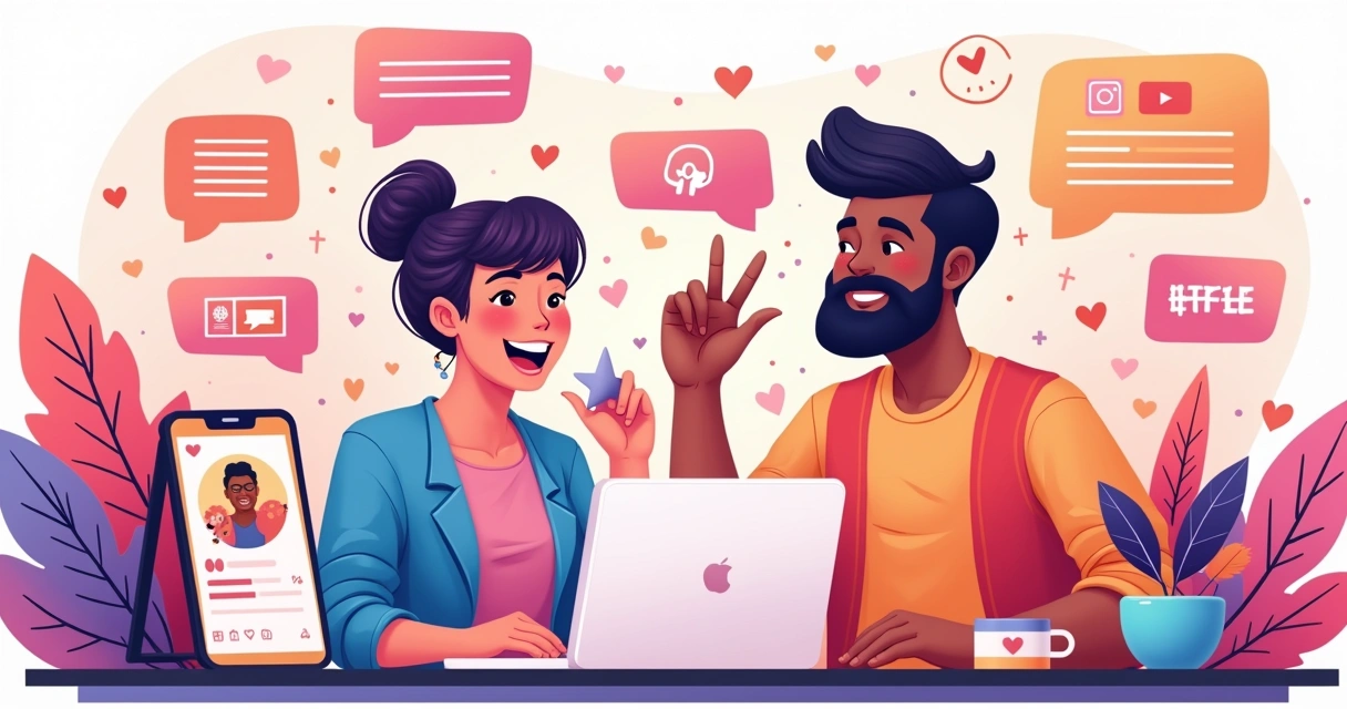 Ilustração de criadores de conteúdo colaborando no Instagram com laptop, ícones de likes e corações.