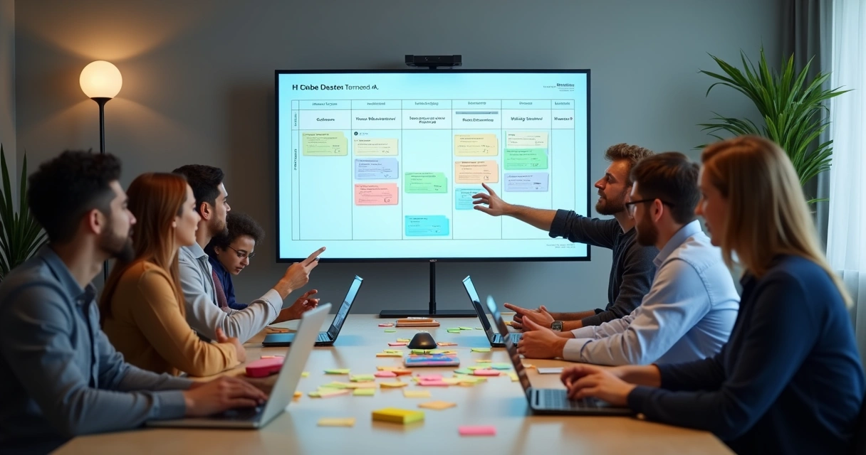 Equipes colaborando em quadro Kanban online exposto em uma TV 
