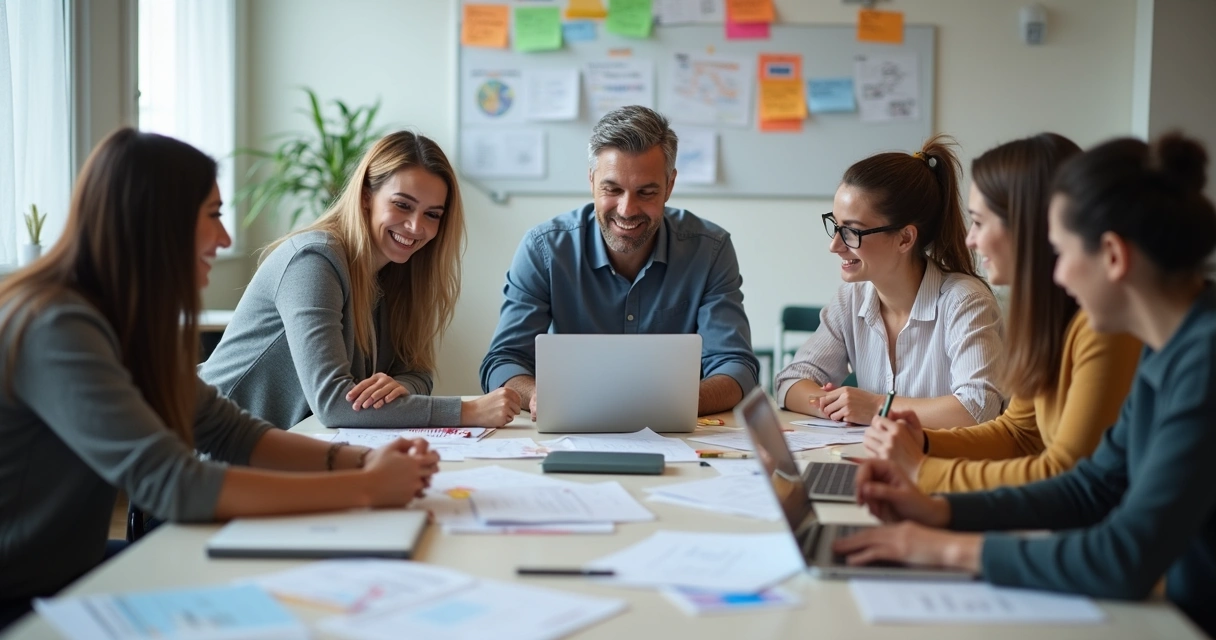 Equipe de vendas colaborando em reunião ao redor de mesa. 