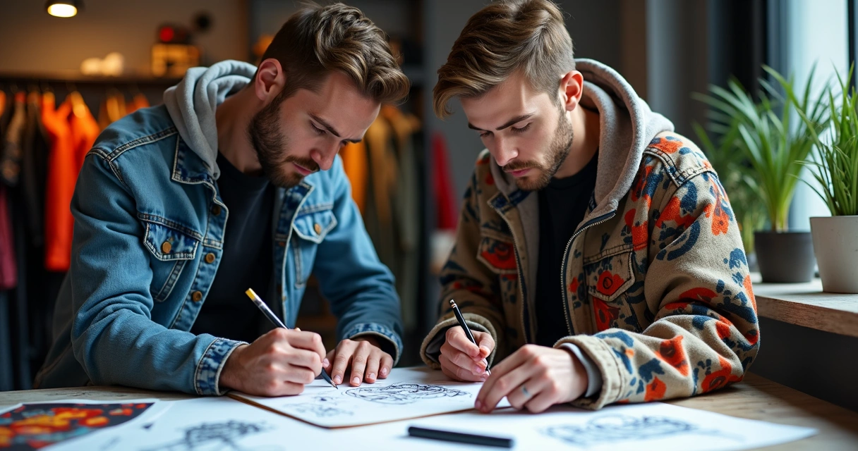 Dois designers colaborando para criar roupas streetwear exclusivas 