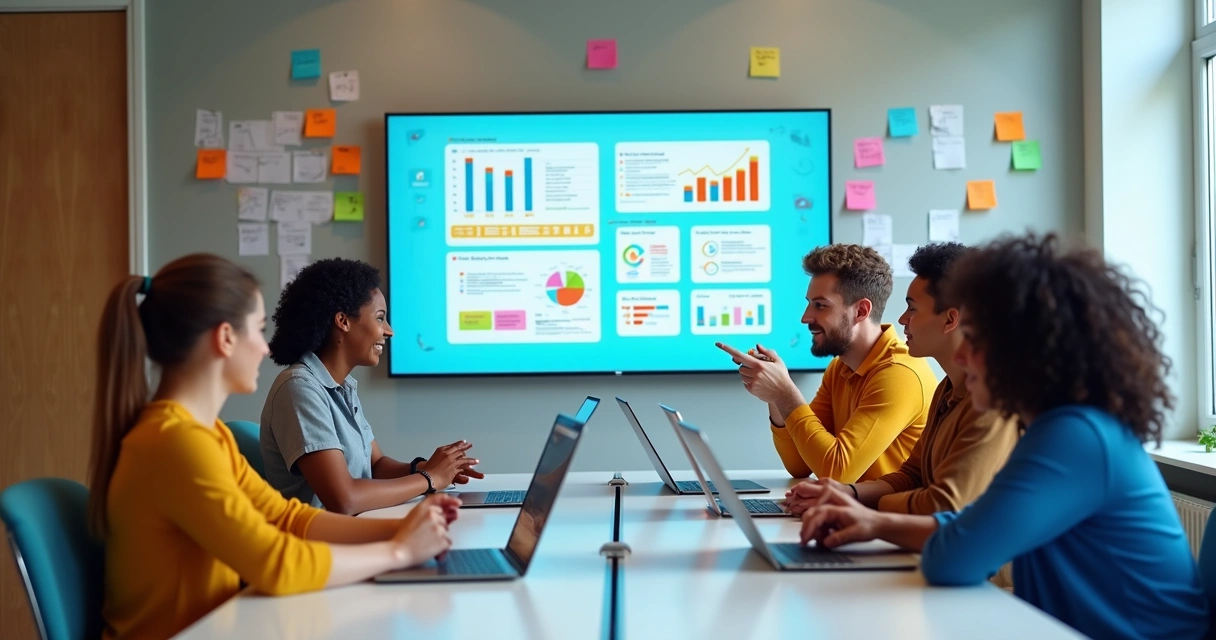 Equipe em reunião colaborando em campanhas digitais 