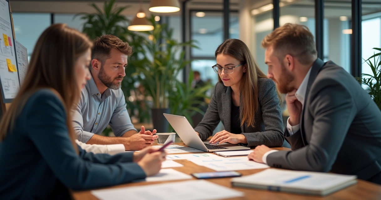 Profissionais de áreas diferentes colaborando em mesa de trabalho 
