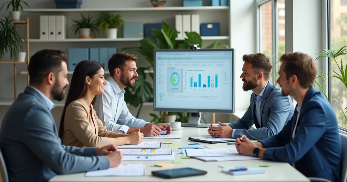 Profissionais colaborando em mesa de trabalho compartilhada
