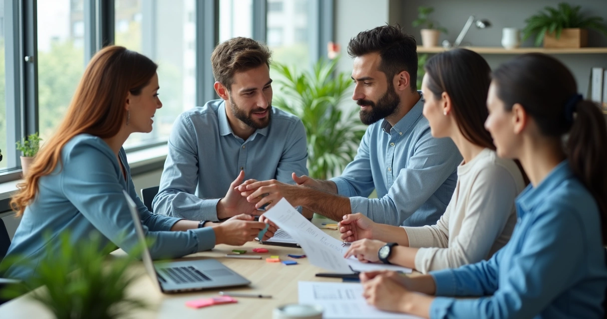 Colegas colaborando em mesa de trabalho compartilhada 