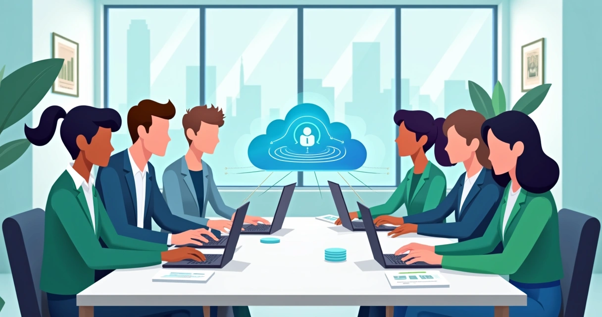 Equipe de trabalho colaborando com dados compartilhados em nuvem 