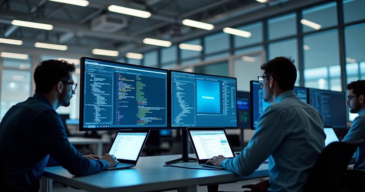 Equipe acompanhando projeto em nuvem com telas de desenvolvimento colaborativo 