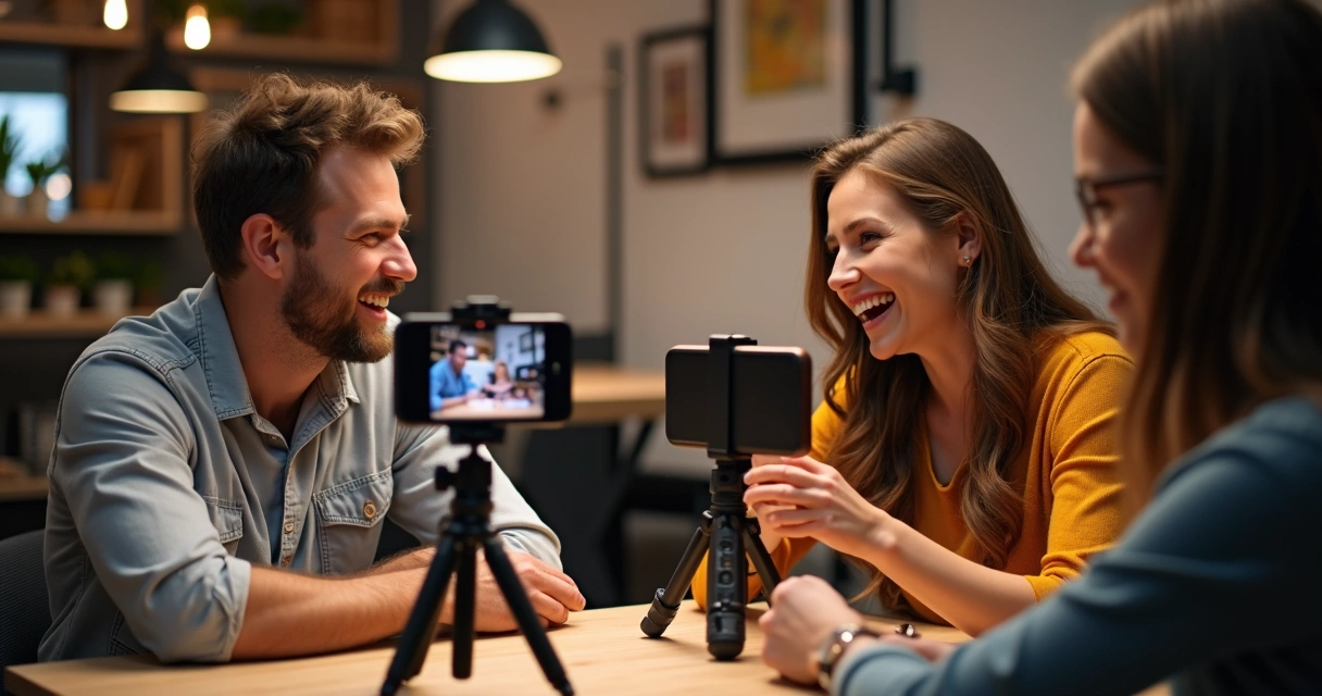 Dois influenciadores colaborando em frente a câmeras gravando para Instagram 