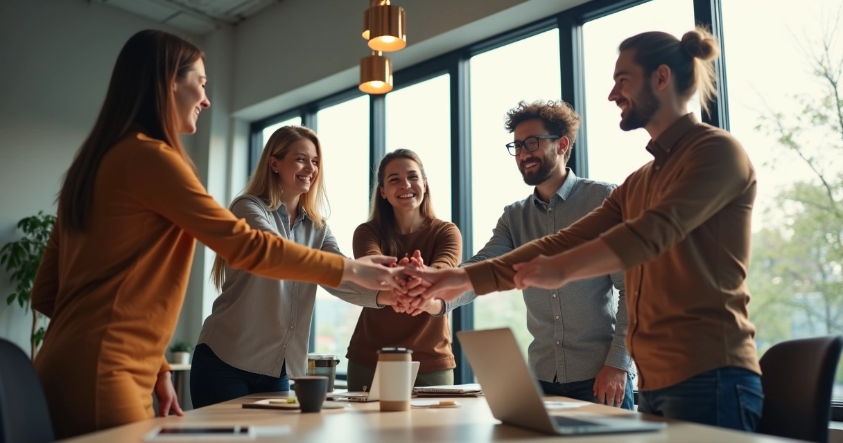Equipe de trabalho celebrando juntos em escritório moderno, mãos unidas no centro da mesa 