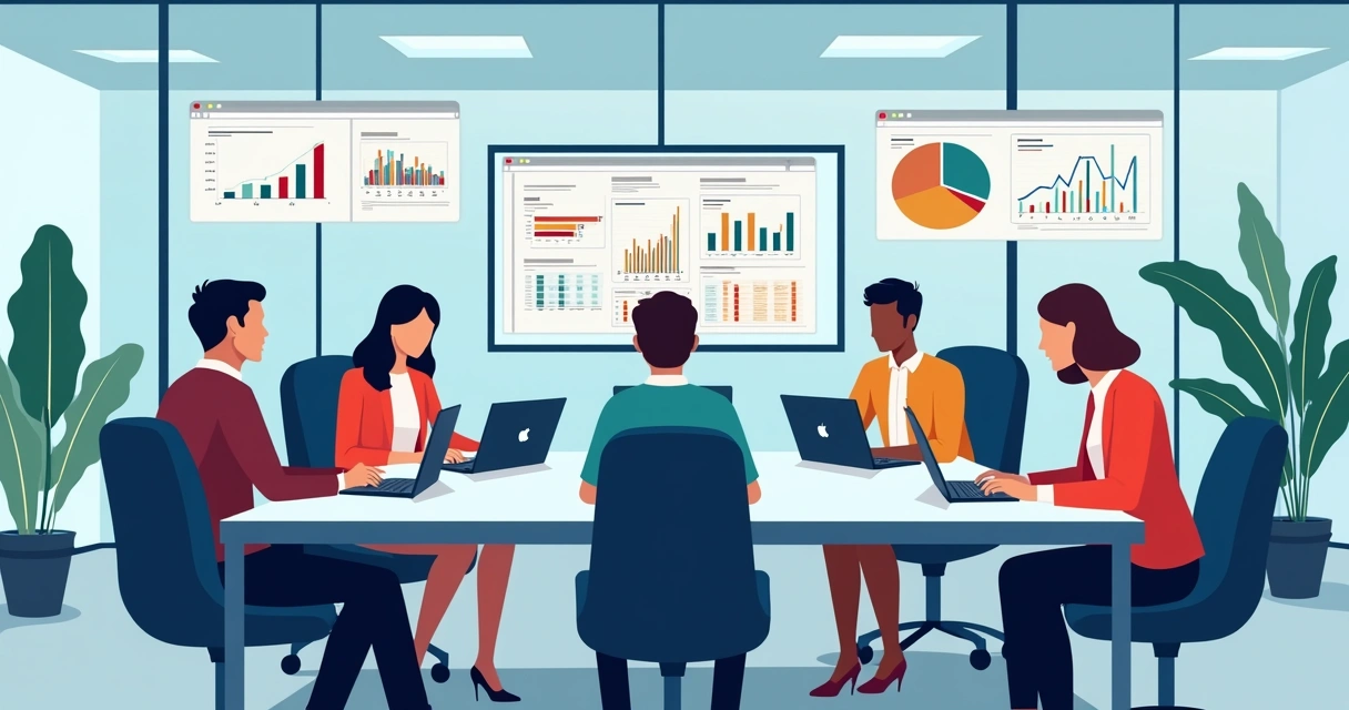 Equipe de trabalho compartilhando planilhas em laptops durante reunião