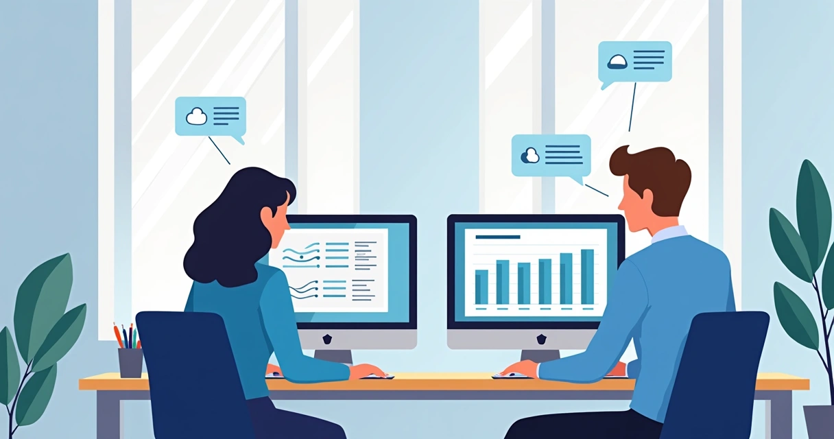 Pessoas em escritório colaborando em planilha digital em múltiplos computadores