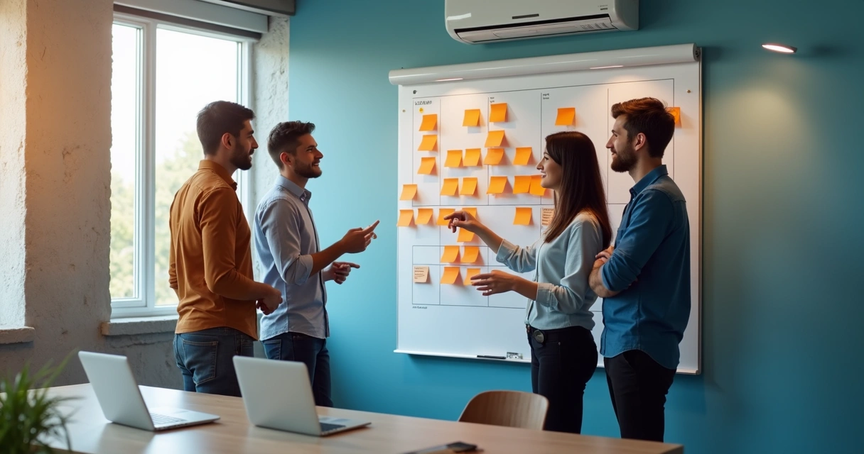 Profissionais colaborando em quadro ágil com post-its coloridos 