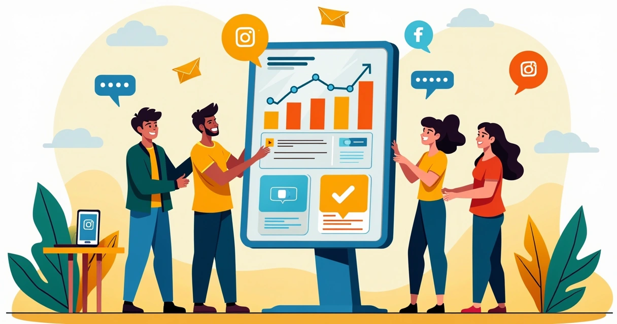 Grupo diverso de pessoas colaborando em redes sociais, com gráfico de seguidores aumentando ao fundo.