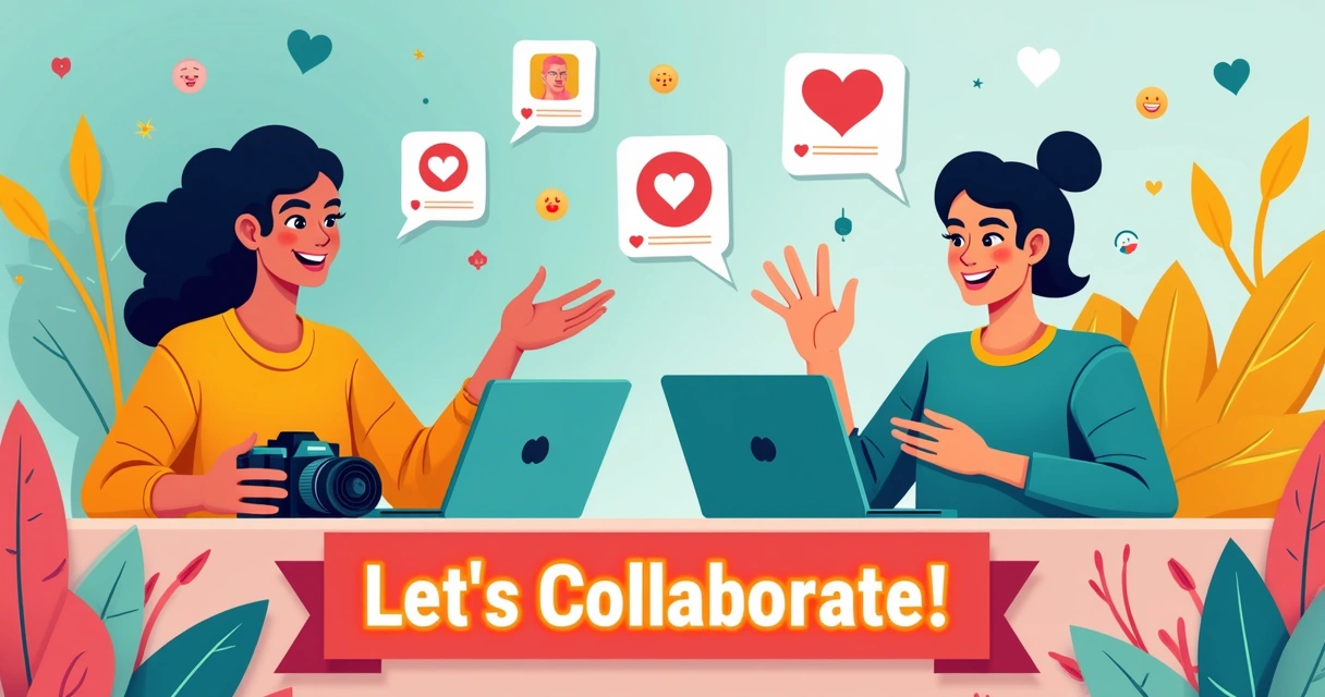 Duas pessoas criadoras de conteúdo colaborando com ícones de redes sociais e contagem de seguidores ao fundo.