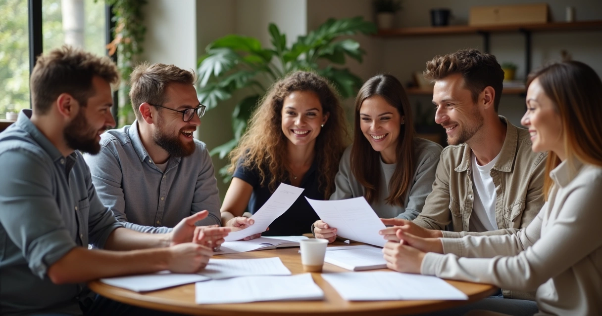 Grupo de amigos diferentes trabalhando juntos em um projeto, cooperação em ambiente casual