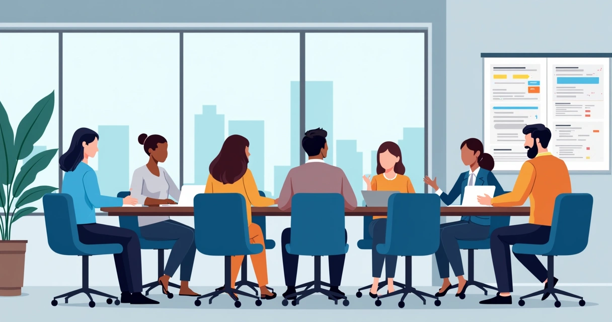 Ilustração flat corporativa mostrando pessoas em uma reunião colaborativa em ambiente profissional moderno 