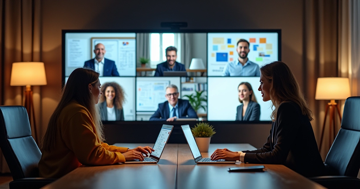 Equipe reunida em videoconferência colaborando à distância