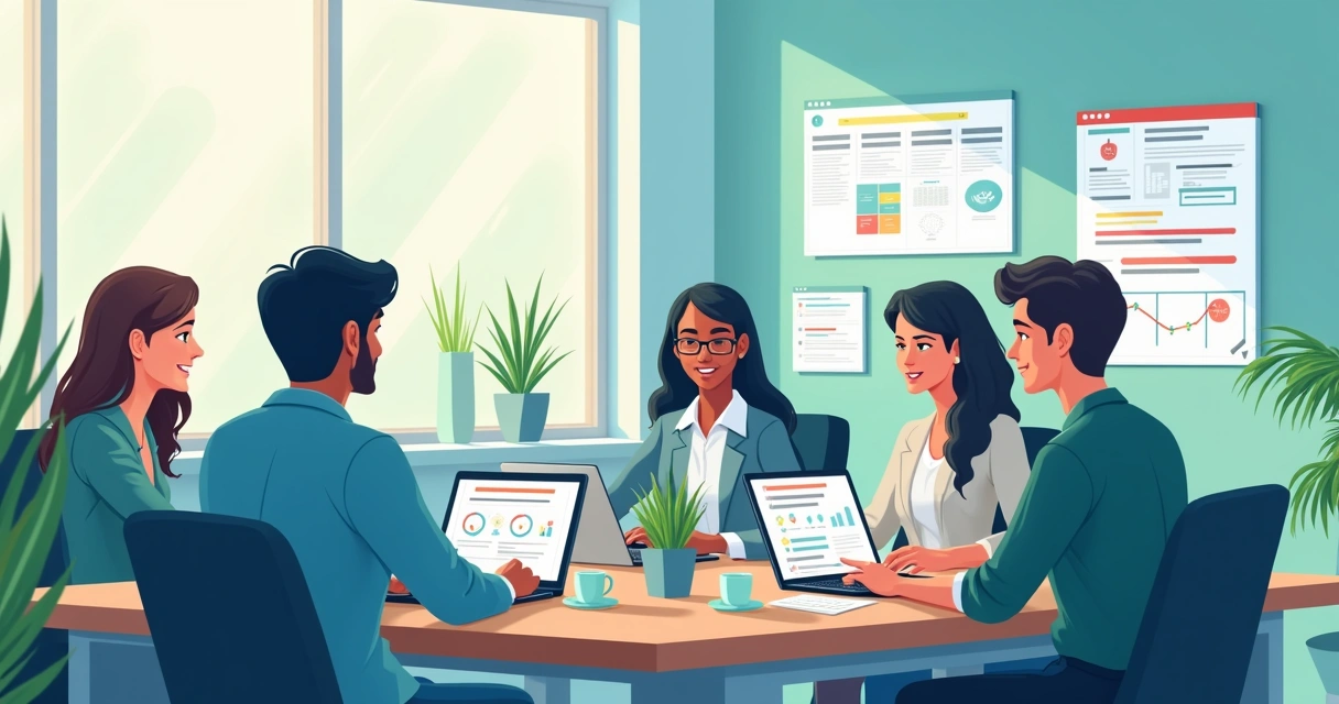 Equipe colaborando em ambiente digital com computadores e painéis na parede 