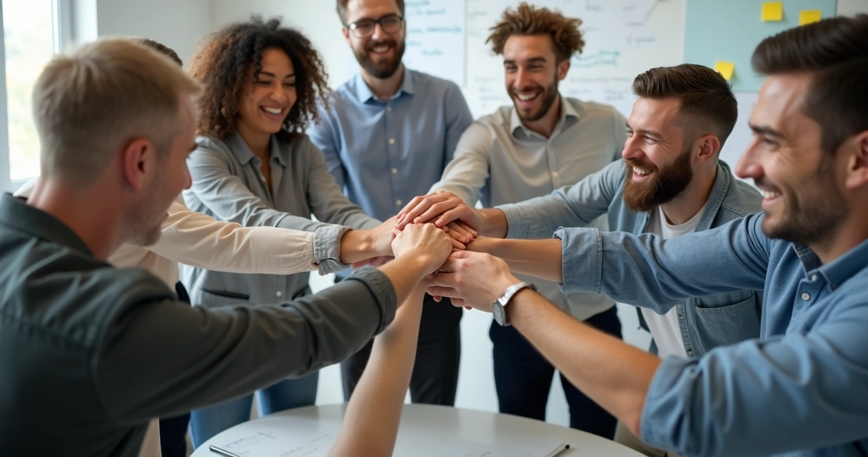 Equipe reunida em círculo levantando as mãos, transmitindo união e força 
