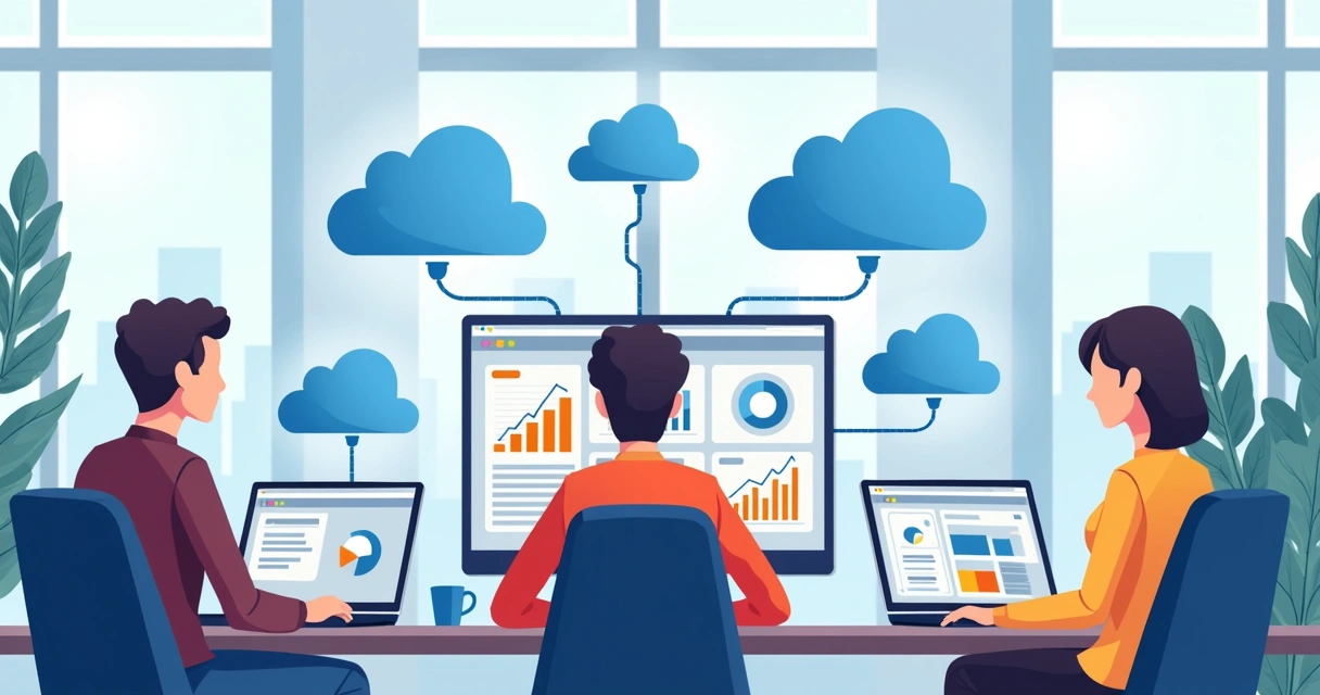 Profissionais da agência colaborando em tempo real em documentos na nuvem 